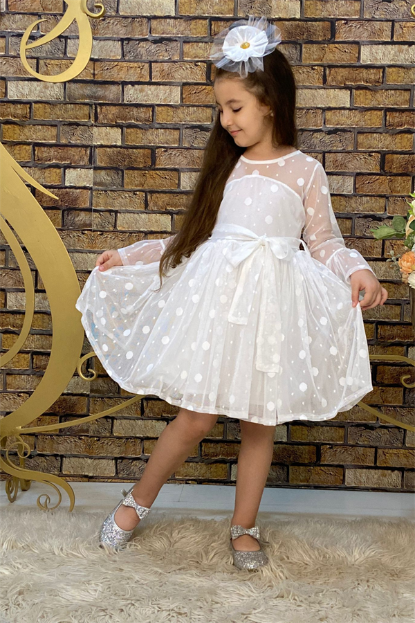 Puanlı Güpür Kız Çocuk Elbise Beyaz 