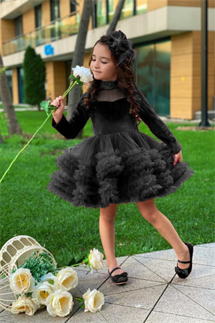 Yaka Taş Detay Kadife Çocuk Abiye Elbise Siyah