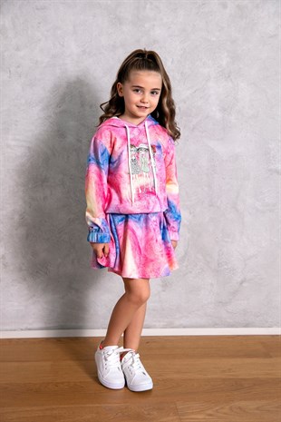 Kız Figürlü Batik Desen Kız Çocuk Etek Bluz Takım